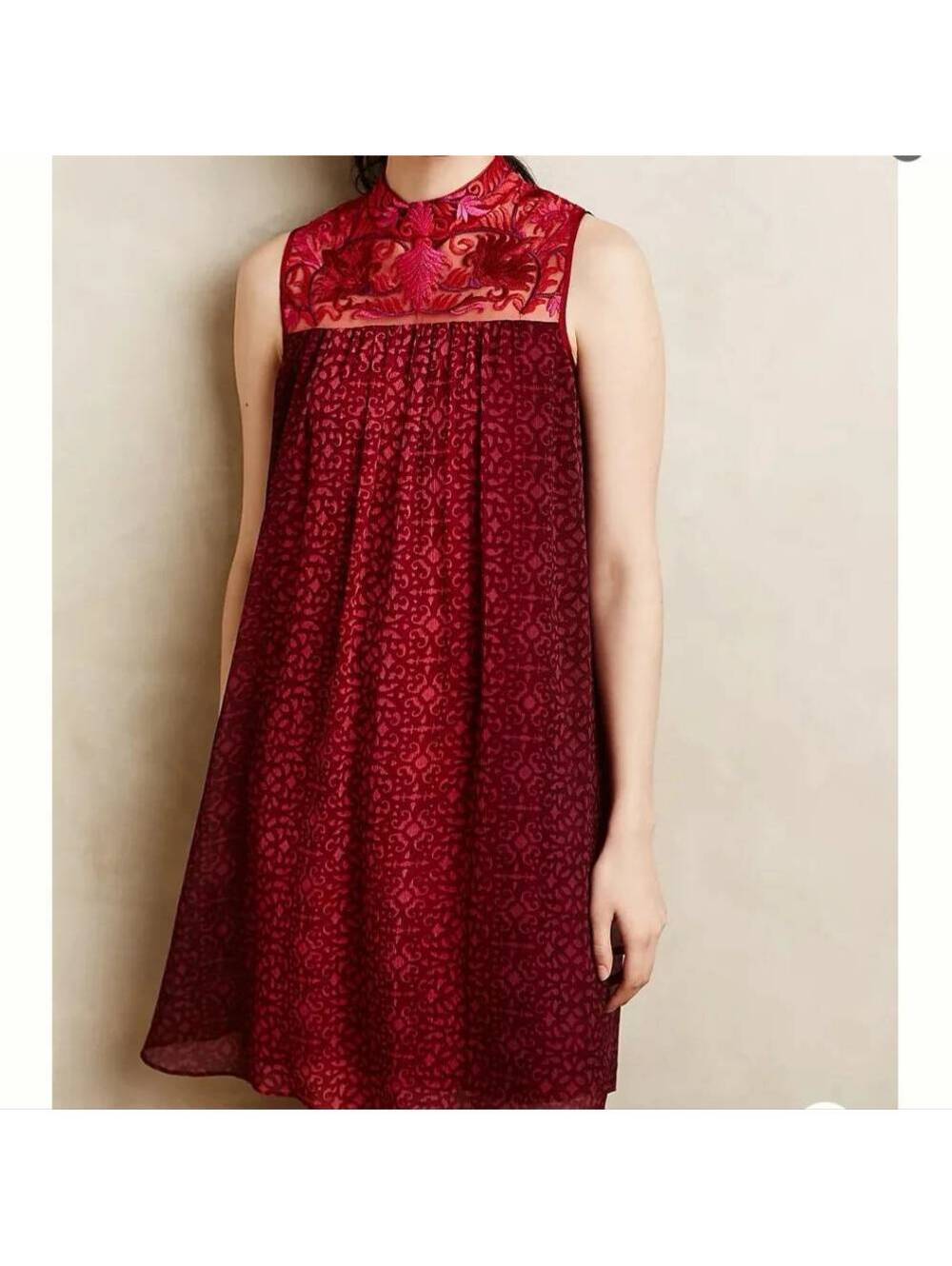 Anthropologie Niki Tlahajan Amara Embroidered Lace Mock Neck Swing Dress Red 12